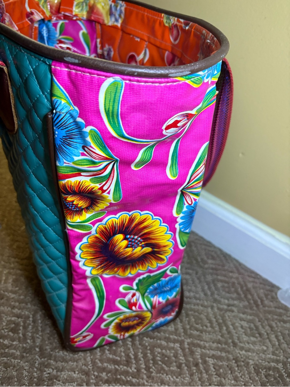 Consuela Teal Quilted Tote with Floral Side Panels and Striped Handles - Picture 8 of 12